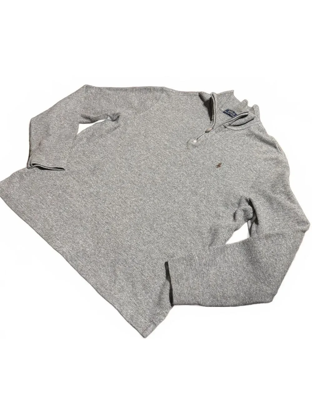 Polo Ralph Lauren Mens Quarter Zip 1/4 Sweater L Gray Cotton Brown Pony Pullover